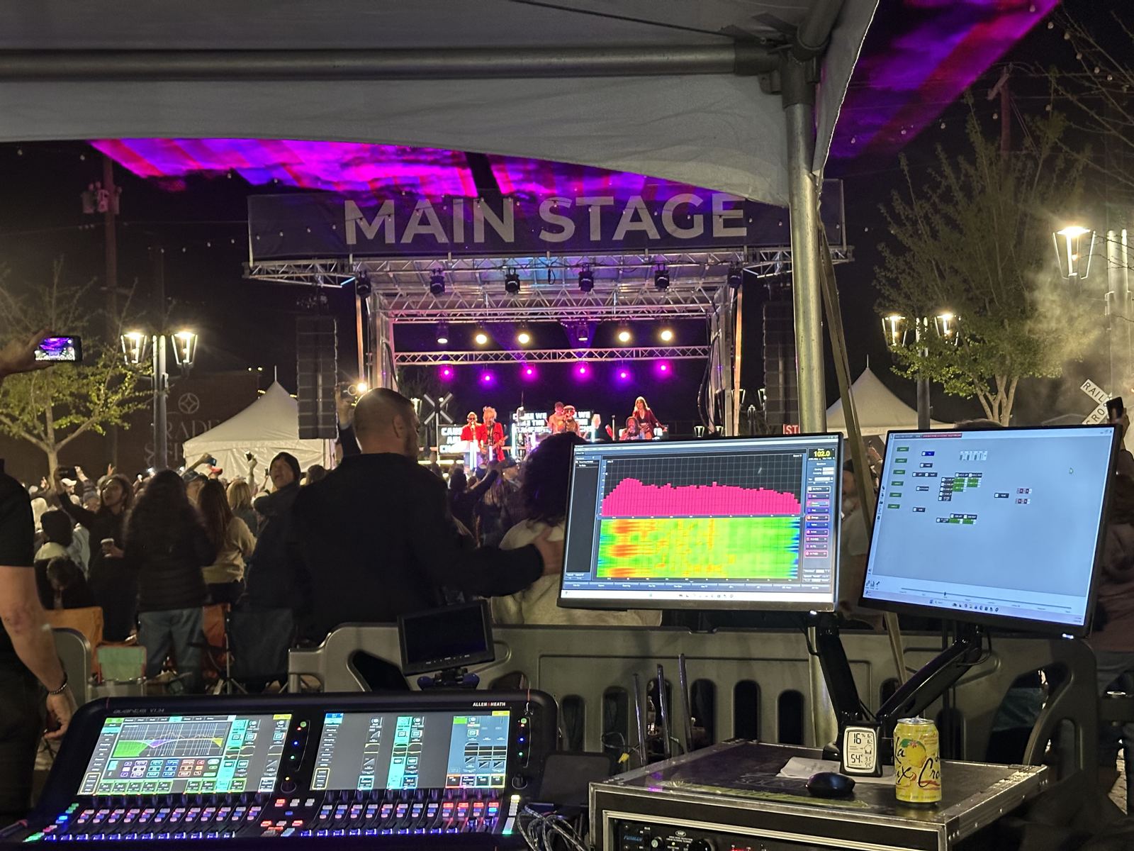 Smaart measurement on a monitor beside the front-of-house console during a show