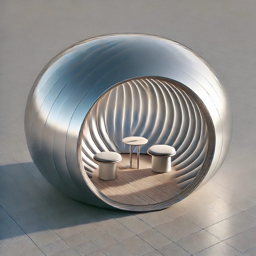 Concept rendering of The Sphere from outside: a rounded metallic shell with a ribbed interior, two seats, and a small table